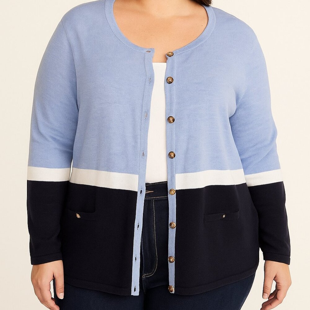 Karen Scott Light Blue Navy Sweater Cardigan Preppy Coastal Nautical‎ Colorblock